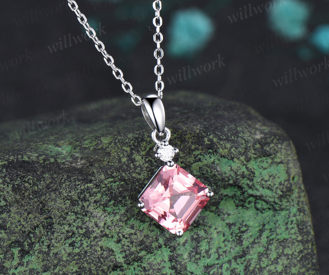 Asscher Cut Padparadscha Engagement Necklace Minimalist Pink Sapphire Diamond Pendant Anniversary Gifts