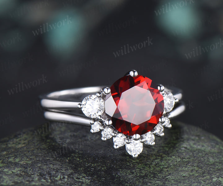 Round Cut Garnet Engagement Ring Three Stone Moisanite Accent Promise Ring Curved Wedding Band Alternative Bridal Set