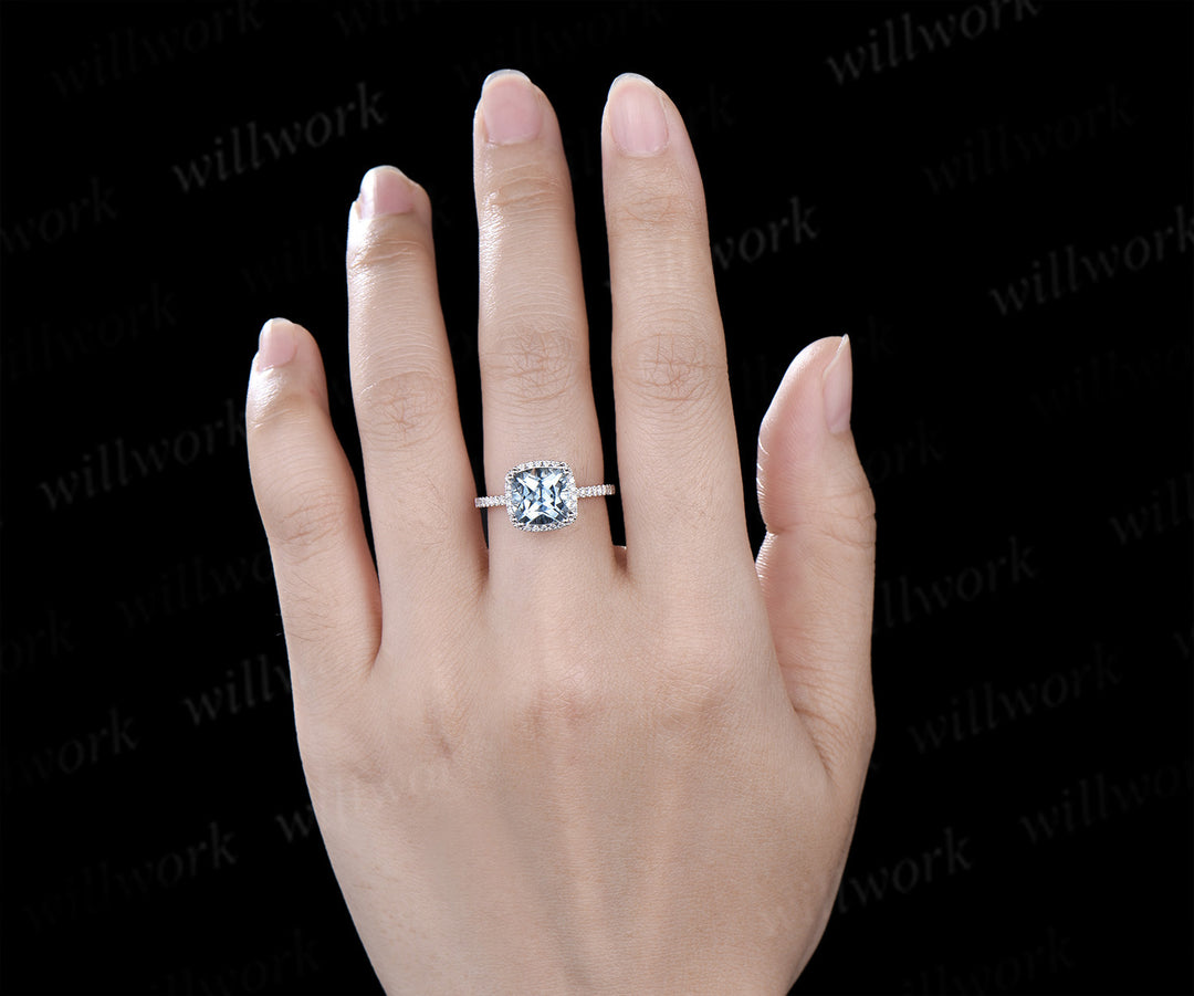 8mm cushion aquamarine diamond halo engagement ring retro half infinity diamond wedding ring March birthstone
