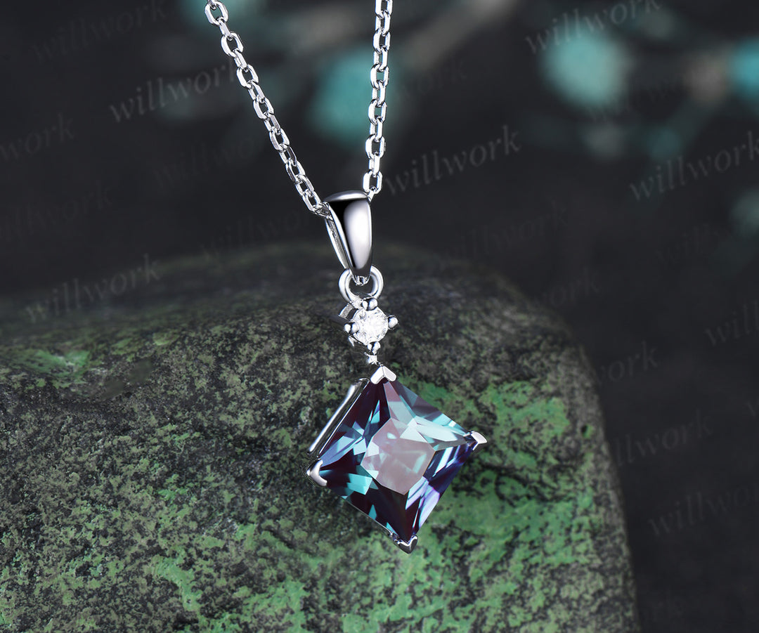 8mm Princess Cut Alexandrite Pendant Necklace Moissanite Accent Minimalist Necklace June Birthstone Jewelry Gift