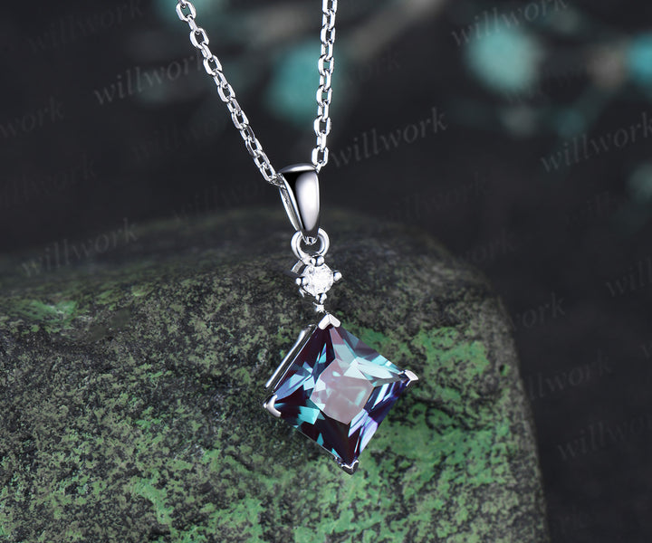 8mm Princess Cut Alexandrite Pendant Necklace Moissanite Accent Minimalist Necklace June Birthstone Jewelry Gift