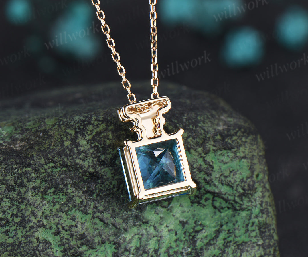 Princess cut Swiss blue topaz necklace unique perfume bottle necklace gemstone pendant wedding anniversary gifts