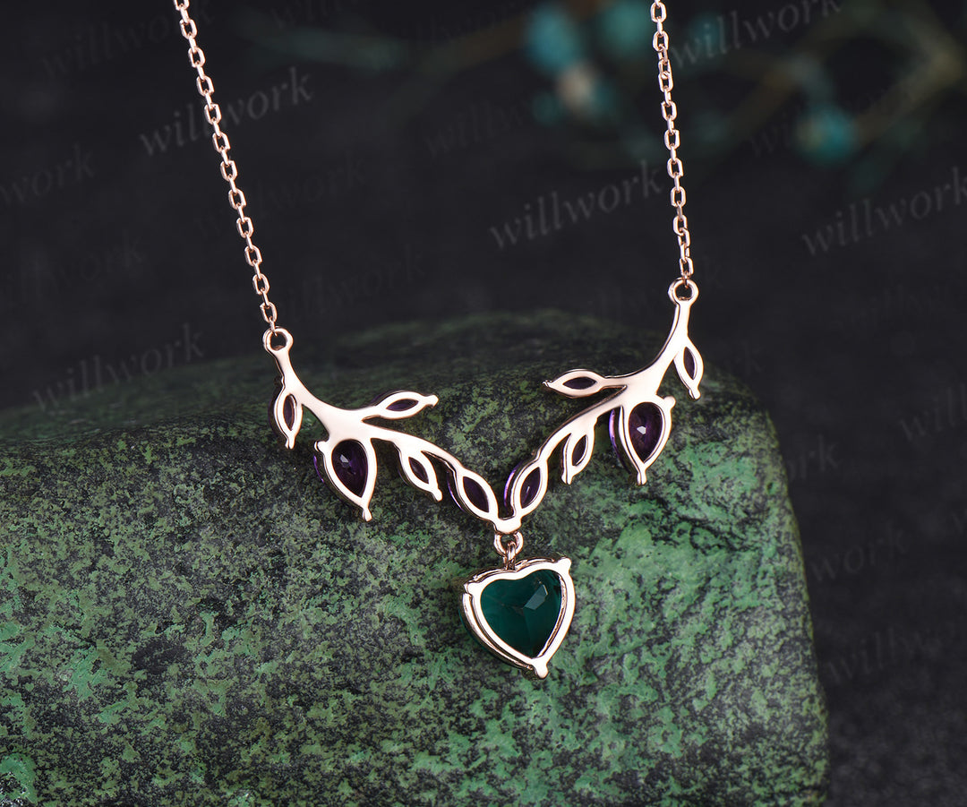Heart shaped emerald amethyst leaf necklace nature inspired marquise amethyst twig pendant 14k rose gold unique crystal necklace for women