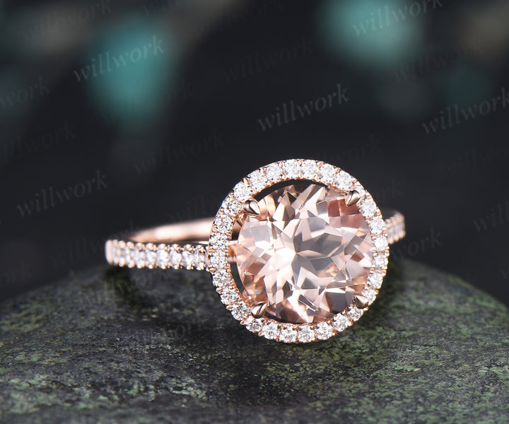 Vintage Round Natural Morganite Engagement Ring Diamond Halo Half Eternity Wedding Ring Anniversary Gifts for Her