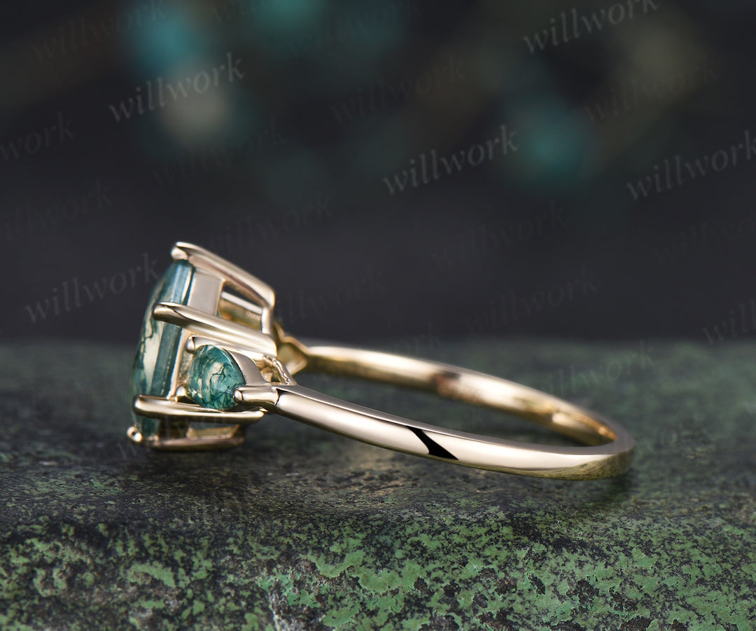 Hexagon moss agate engagement ring classic three stone pear moss agate ring green gemstone bridal ring