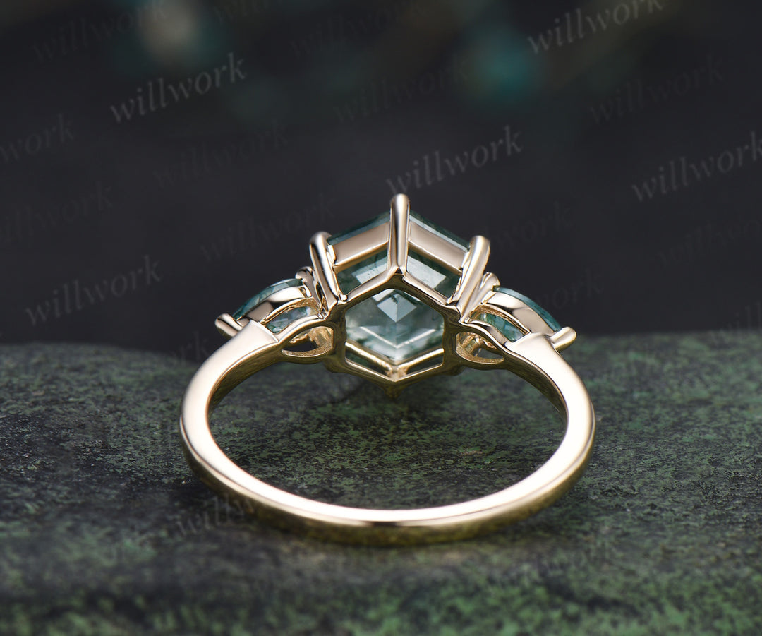 Hexagon moss agate engagement ring classic three stone pear moss agate ring green gemstone bridal ring
