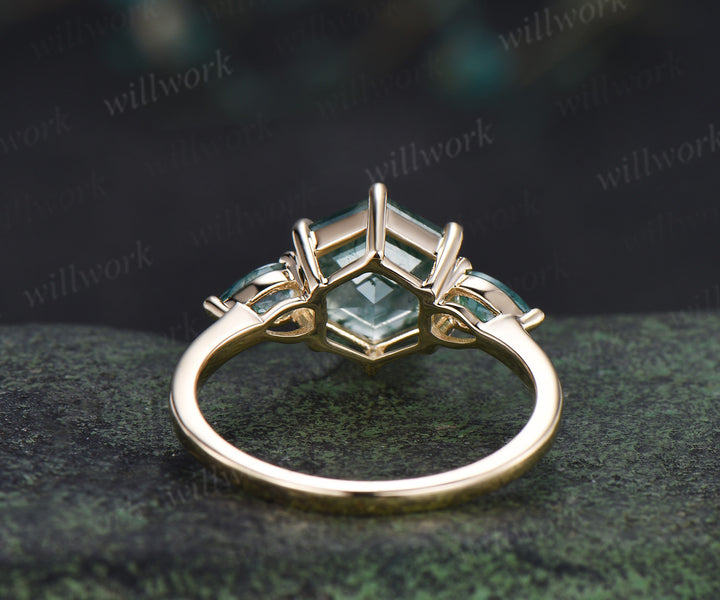Hexagon moss agate engagement ring classic three stone pear moss agate ring green gemstone bridal ring