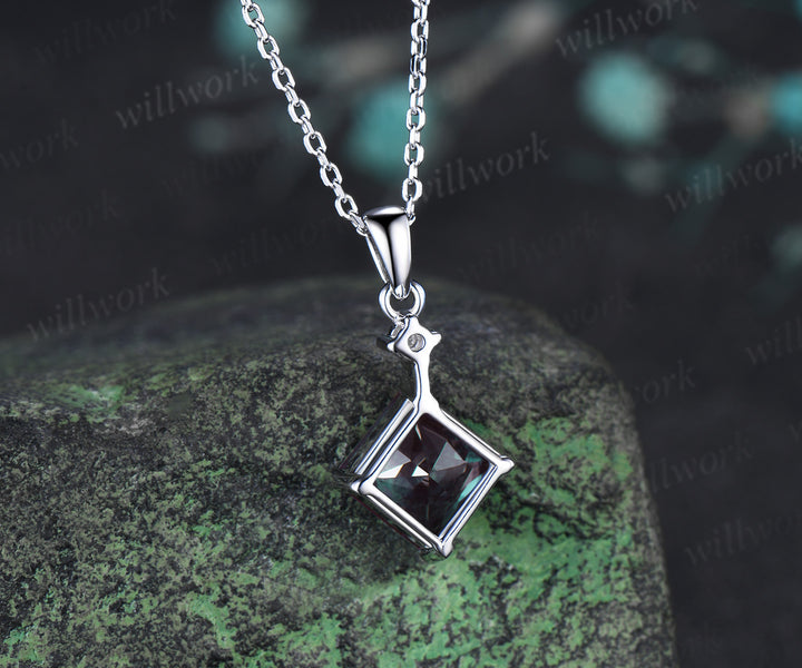 8mm Princess Cut Alexandrite Pendant Necklace Moissanite Accent Minimalist Necklace June Birthstone Jewelry Gift