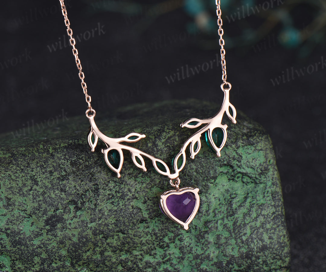 Heart shaped amethyst necklace nature inspired marquise emerald twig pendant unique fairy style jewelry for women