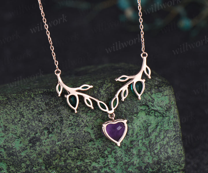 Heart shaped amethyst necklace nature inspired marquise emerald twig pendant unique fairy style jewelry for women