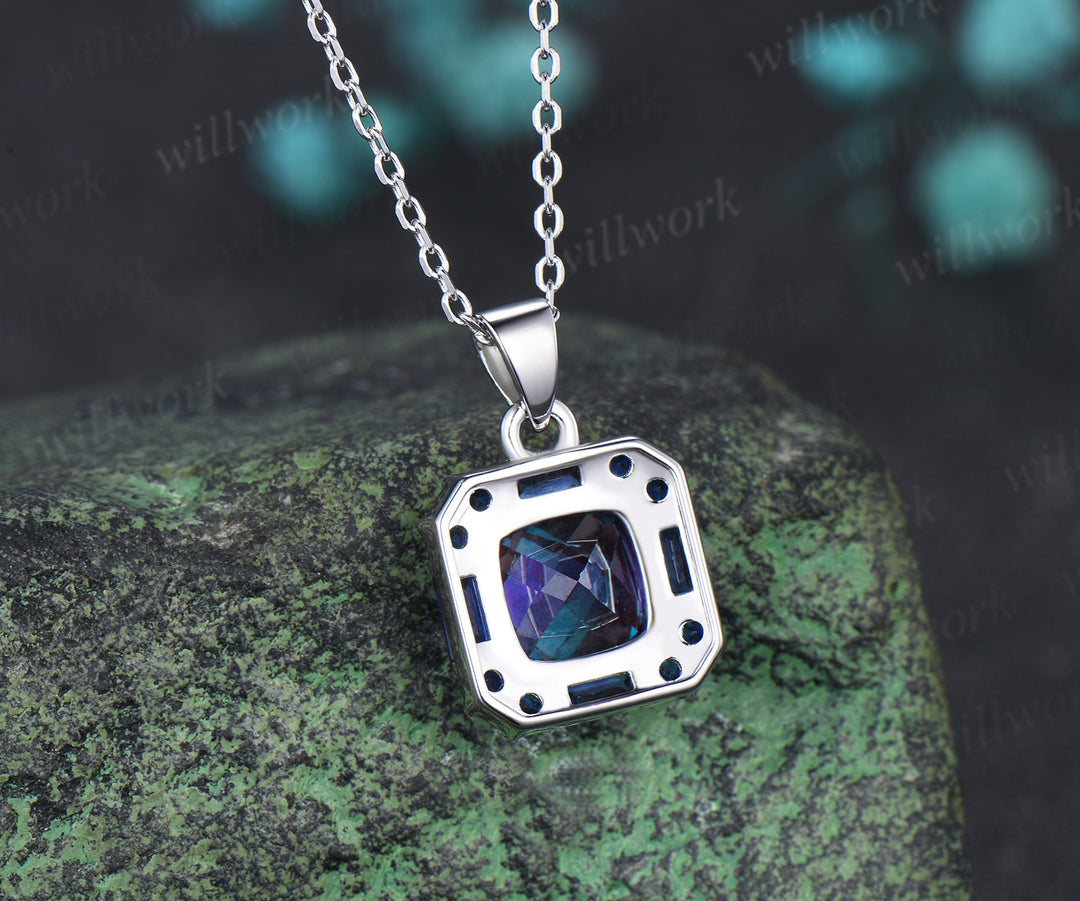 2ct cushion cut alexandrite pendant necklace baguette blue sapphire halo pendant anniversary birthday gift