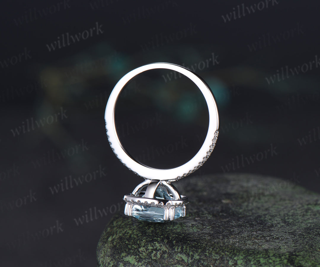 8mm cushion aquamarine diamond halo engagement ring retro half infinity diamond wedding ring March birthstone