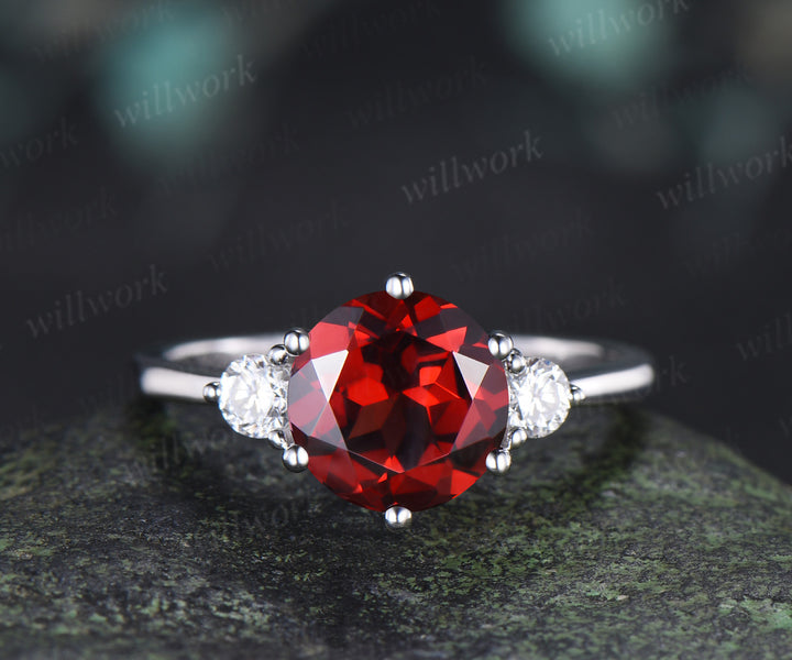 Round Cut Garnet Engagement Ring Three Stone Moisanite Accent Promise Ring Curved Wedding Band Alternative Bridal Set