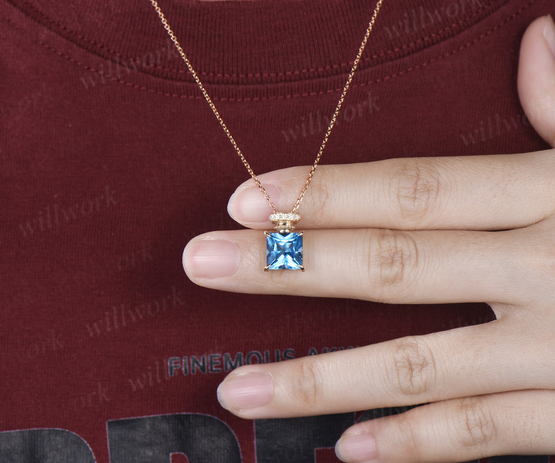 Princess cut Swiss blue topaz necklace unique perfume bottle necklace gemstone pendant wedding anniversary gifts