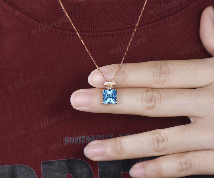 Princess cut Swiss blue topaz necklace unique perfume bottle necklace gemstone pendant wedding anniversary gifts