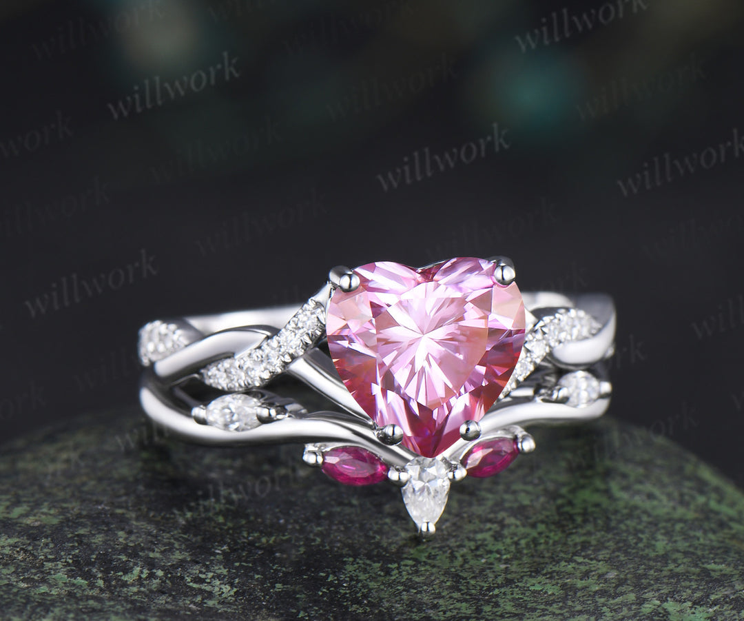 8mm heart shaped pink moissanite engagement ring twisted diamond ring marquise natural ruby wedding band elegant bridal set