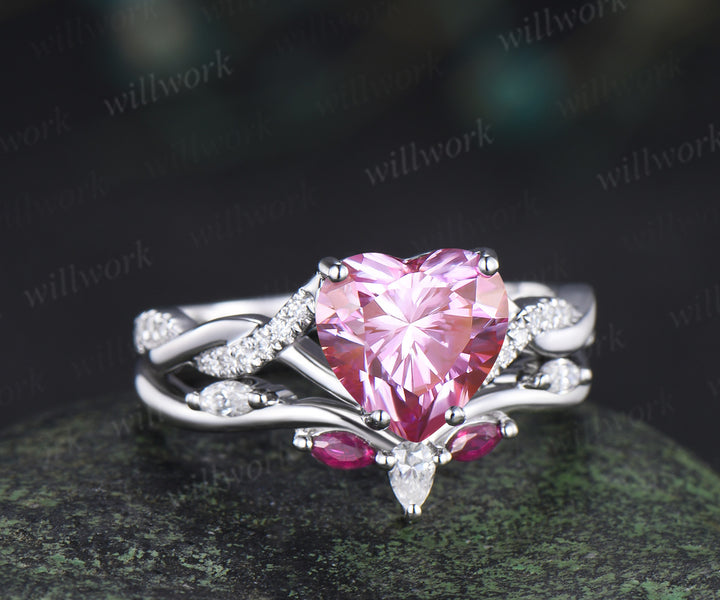 8mm heart shaped pink moissanite engagement ring twisted diamond ring marquise natural ruby wedding band elegant bridal set