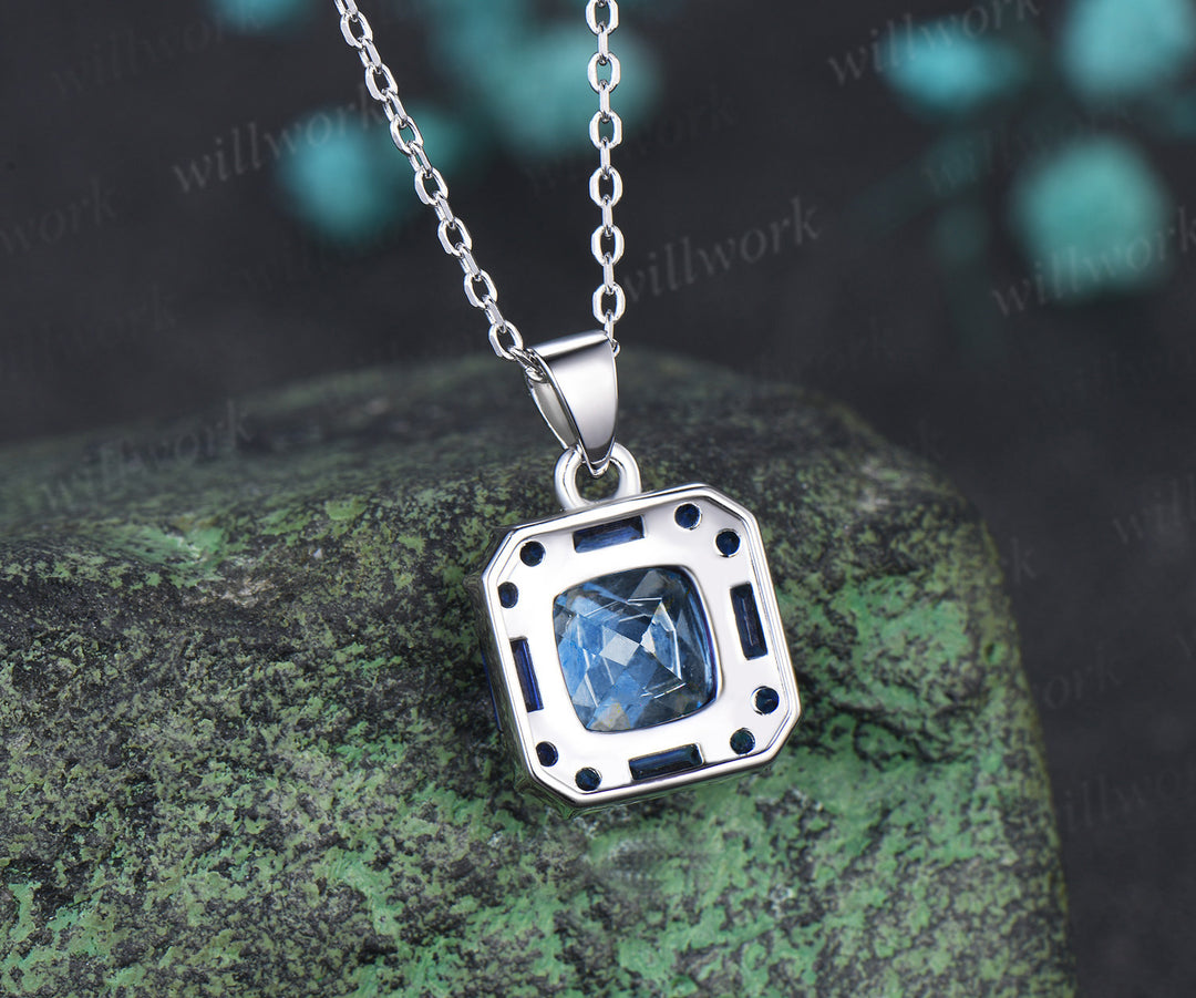 2ct cushion cut natural aquamarine pendant necklace blue sapphire halo pendant personalized jewelry gift