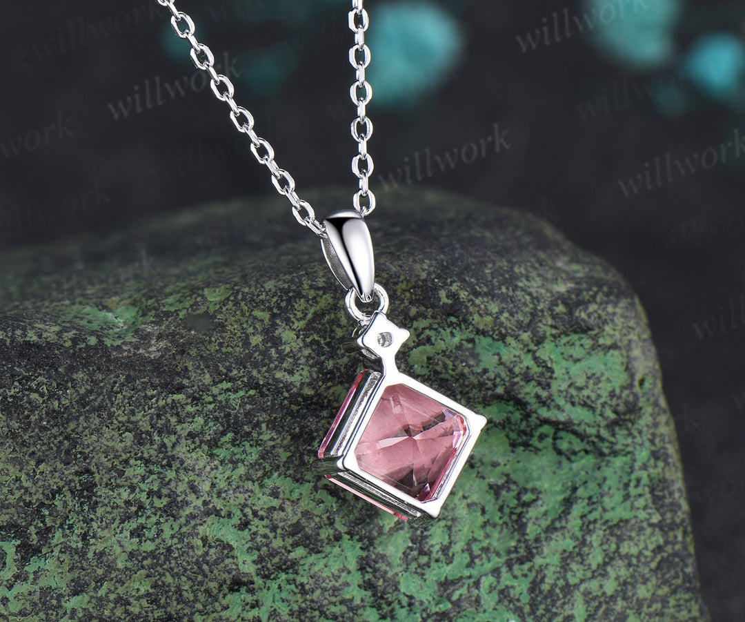 Asscher Cut Padparadscha Engagement Necklace Minimalist Pink Sapphire Diamond Pendant Anniversary Gifts