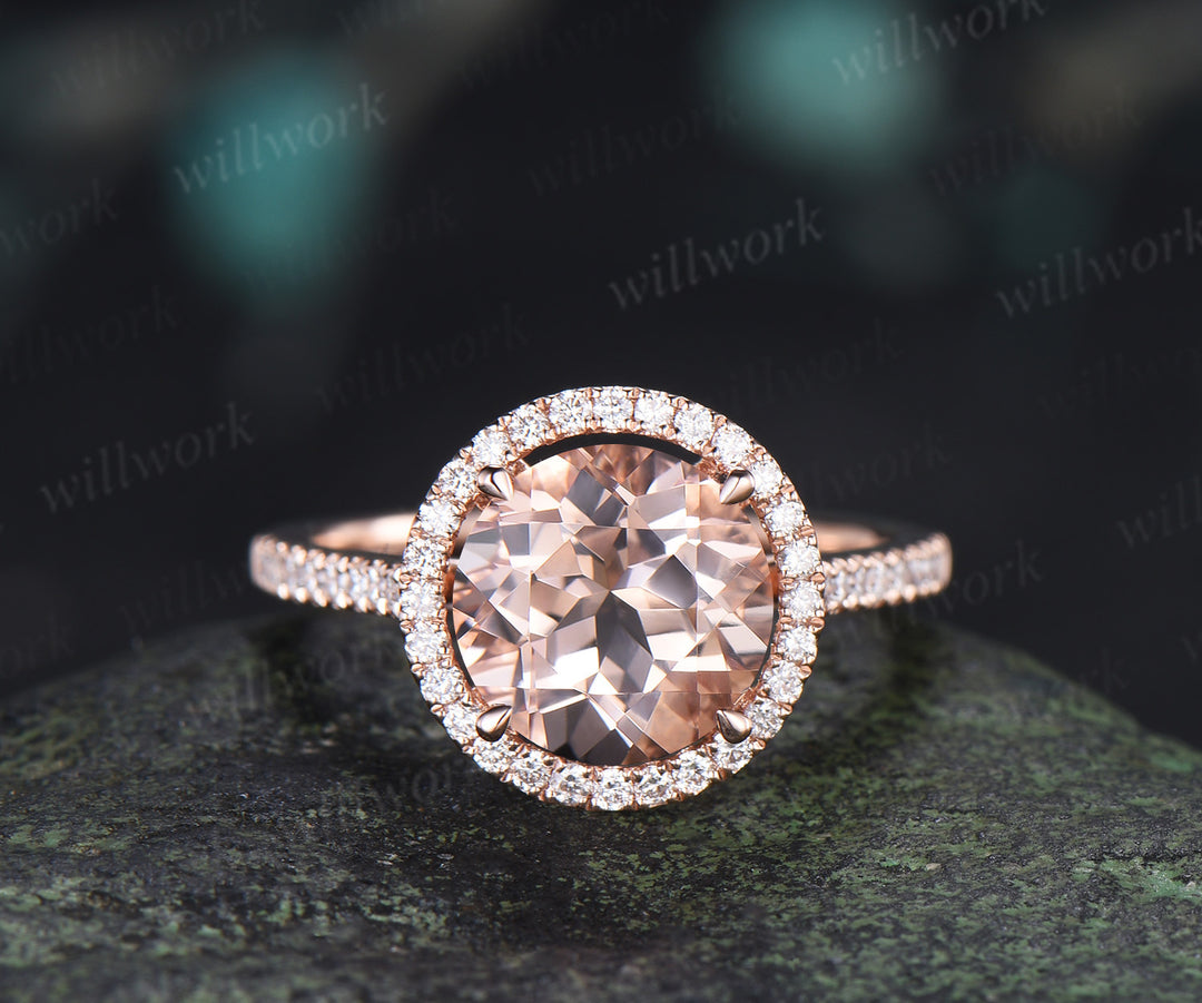 Vintage Round Natural Morganite Engagement Ring Diamond Halo Half Eternity Wedding Ring Anniversary Gifts for Her