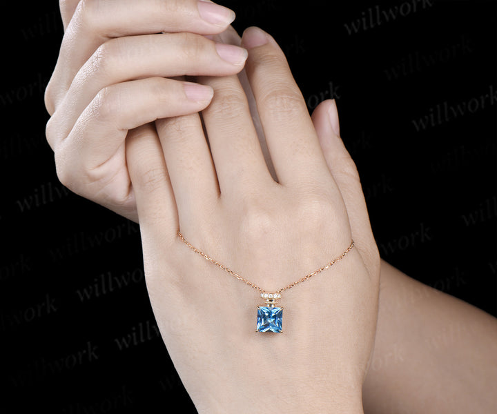 Princess cut Swiss blue topaz necklace unique perfume bottle necklace gemstone pendant wedding anniversary gifts