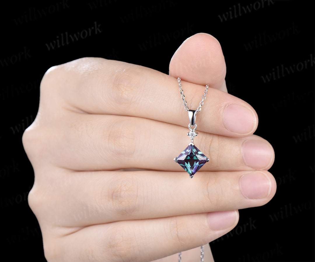 8mm Princess Cut Alexandrite Pendant Necklace Moissanite Accent Minimalist Necklace June Birthstone Jewelry Gift