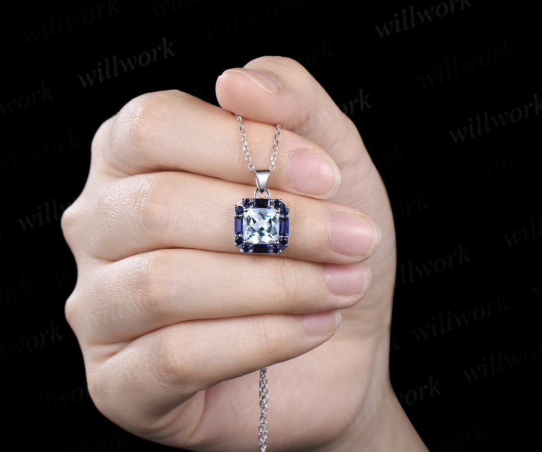 2ct cushion cut natural aquamarine pendant necklace blue sapphire halo pendant personalized jewelry gift