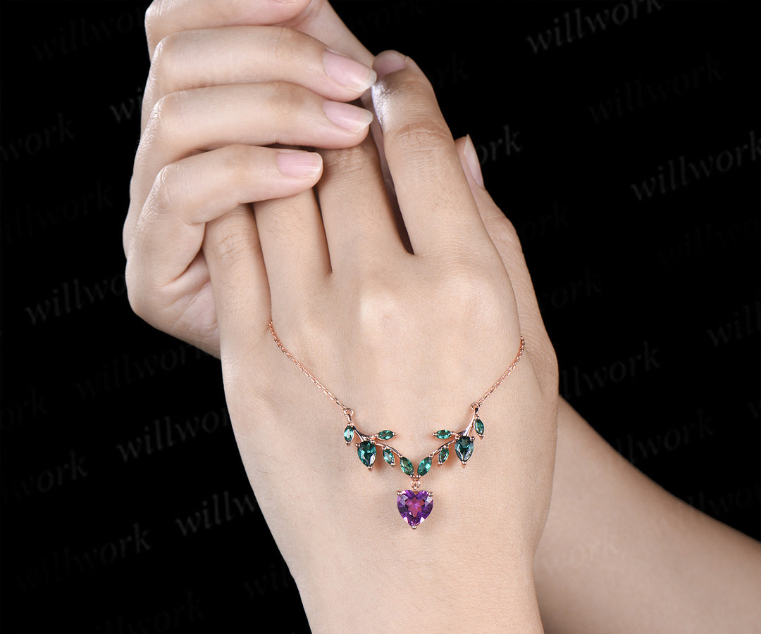 Heart shaped amethyst necklace nature inspired marquise emerald twig pendant unique fairy style jewelry for women