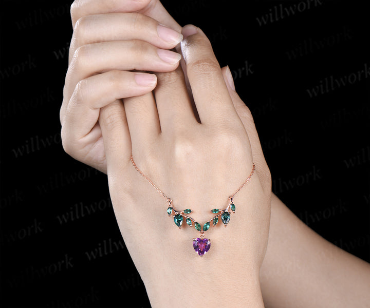 Heart shaped amethyst necklace nature inspired marquise emerald twig pendant unique fairy style jewelry for women
