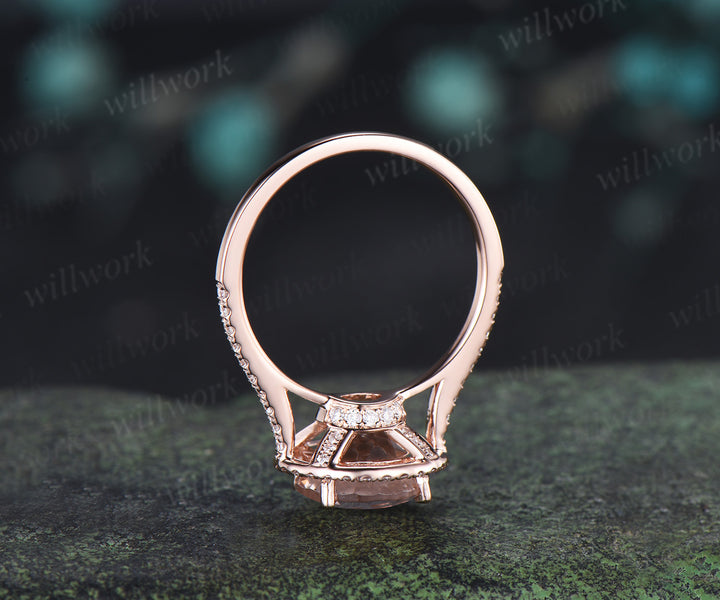 Vintage Round Natural Morganite Engagement Ring Diamond Halo Half Eternity Wedding Ring Anniversary Gifts for Her