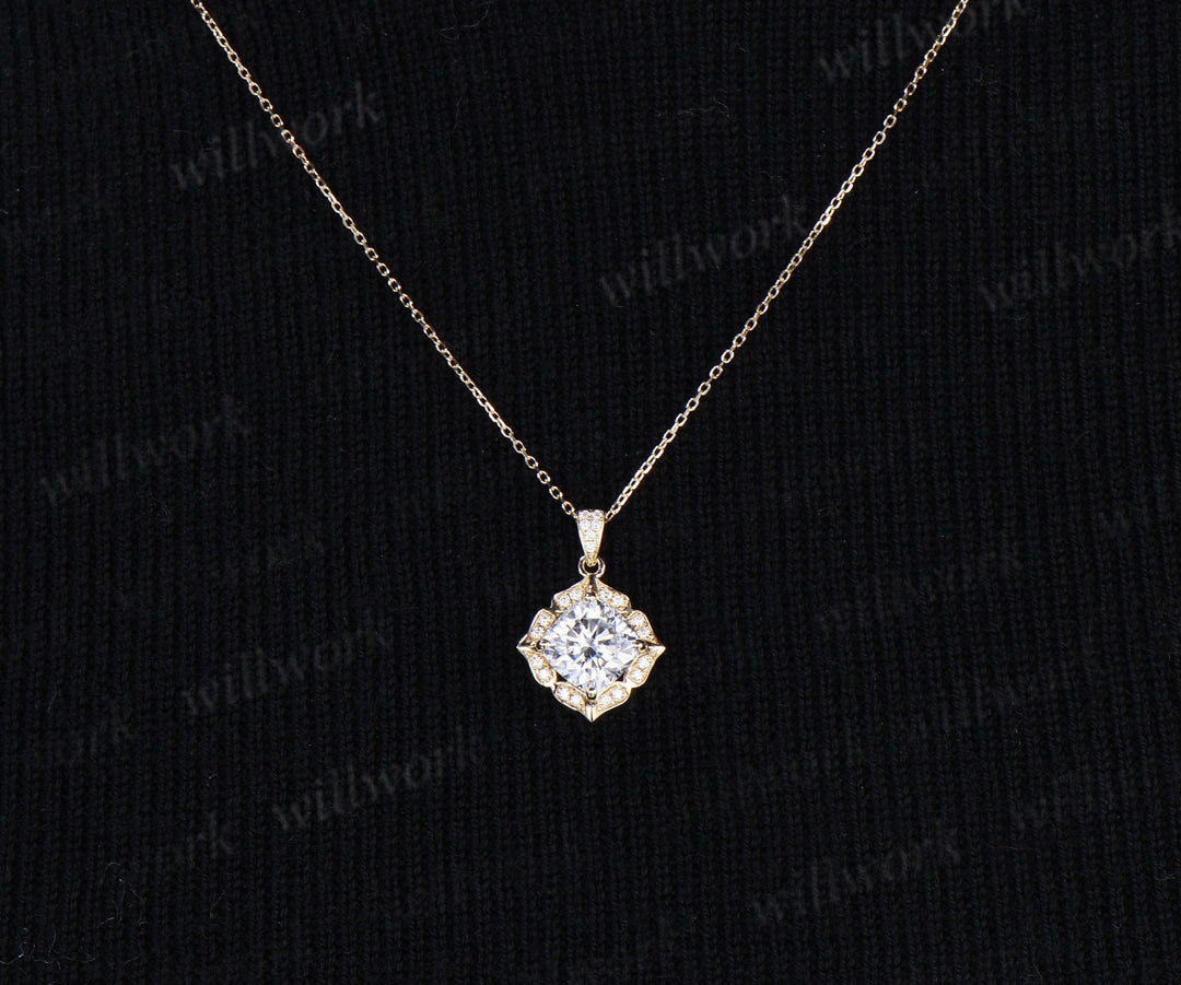 Cushion cut moissanite necklace floral diamond halo pendant vintage moissanite necklace for women