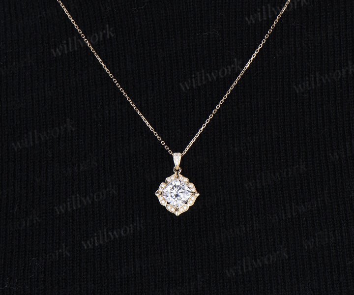 Cushion cut moissanite necklace floral diamond halo pendant vintage moissanite necklace for women