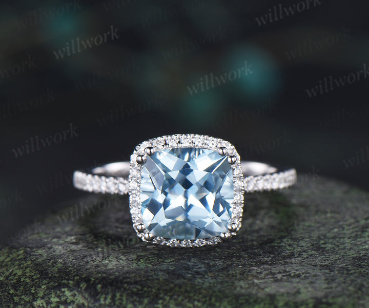 8mm cushion aquamarine diamond halo engagement ring retro half infinity diamond wedding ring March birthstone