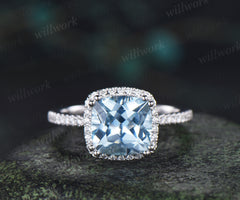 8mm cushion aquamarine diamond halo engagement ring retro half infinity diamond wedding ring March birthstone