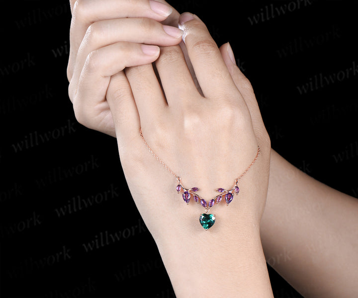 Heart shaped emerald amethyst leaf necklace nature inspired marquise amethyst twig pendant 14k rose gold unique crystal necklace for women