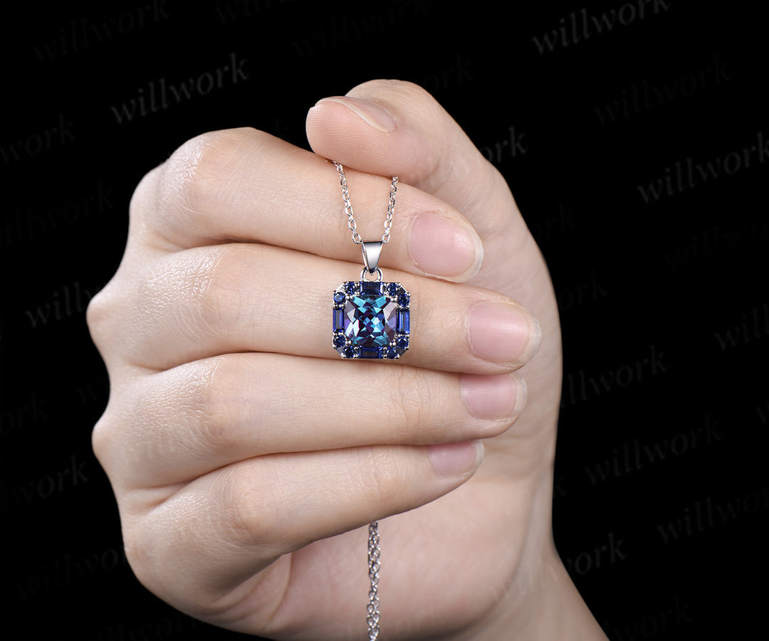 2ct cushion cut alexandrite pendant necklace baguette blue sapphire halo pendant anniversary birthday gift