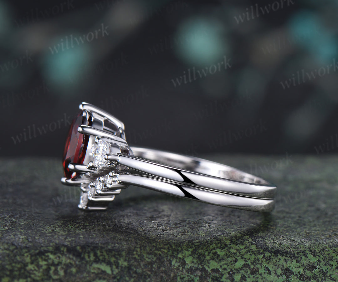 Round Cut Garnet Engagement Ring Three Stone Moisanite Accent Promise Ring Curved Wedding Band Alternative Bridal Set