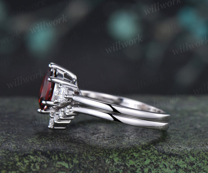 Round Cut Garnet Engagement Ring Three Stone Moisanite Accent Promise Ring Curved Wedding Band Alternative Bridal Set