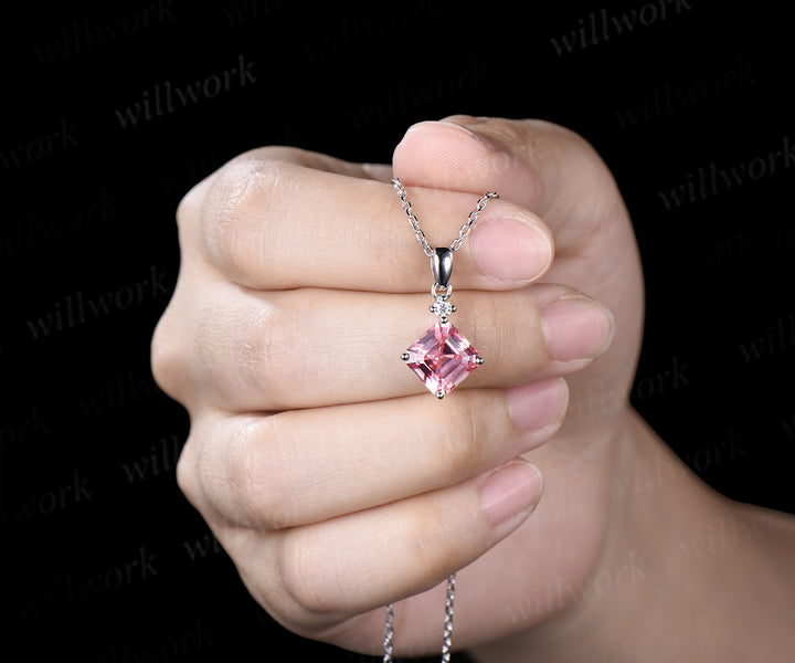 Asscher Cut Padparadscha Engagement Necklace Minimalist Pink Sapphire Diamond Pendant Anniversary Gifts