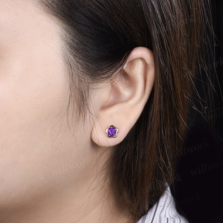 Round amethyst flower stud earrings necklace jewelry set dainty solitaire flower pendant minimalist stud earrings gifts for women