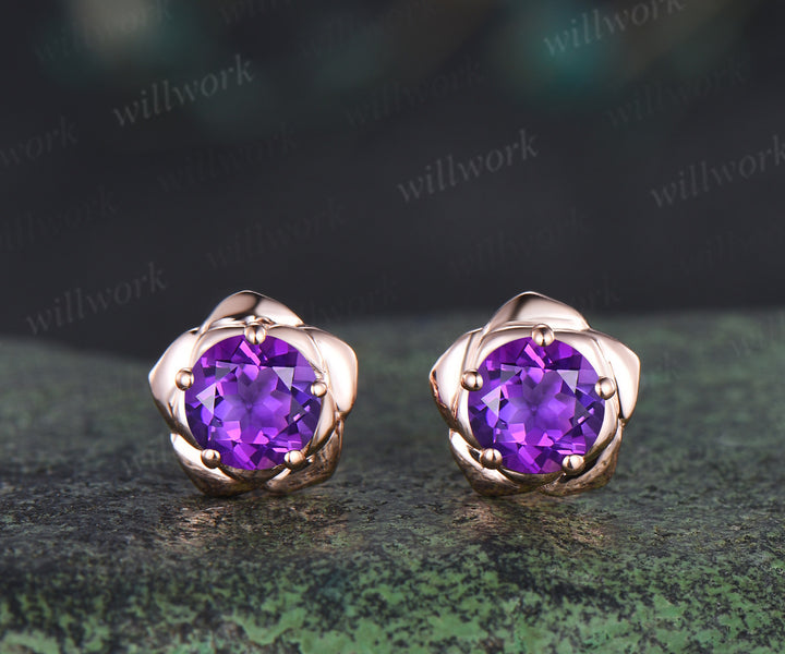 Round amethyst flower stud earrings necklace jewelry set dainty solitaire flower pendant minimalist stud earrings gifts for women