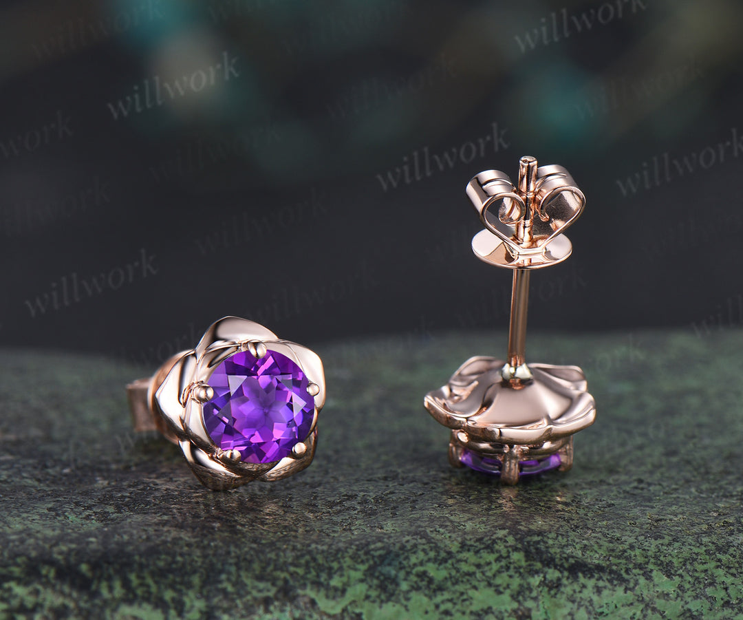 Round amethyst flower stud earrings necklace jewelry set dainty solitaire flower pendant minimalist stud earrings gifts for women