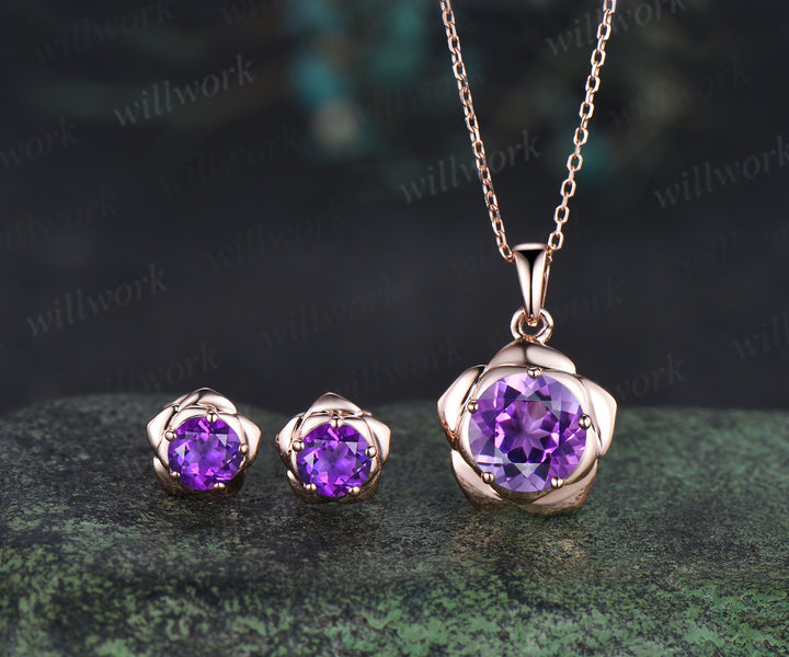 Round amethyst flower stud earrings necklace jewelry set dainty solitaire flower pendant minimalist stud earrings gifts for women