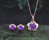 Round amethyst flower stud earrings necklace jewelry set dainty solitaire flower pendant minimalist stud earrings gifts for women