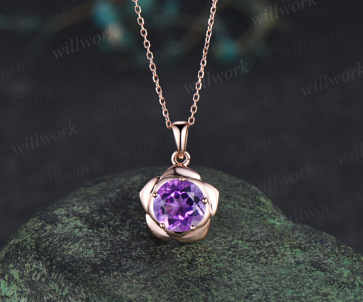Round amethyst flower stud earrings necklace jewelry set dainty solitaire flower pendant minimalist stud earrings gifts for women