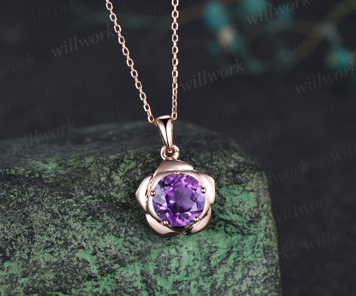 Round amethyst flower stud earrings necklace jewelry set dainty solitaire flower pendant minimalist stud earrings gifts for women