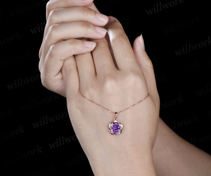 Round amethyst flower stud earrings necklace jewelry set dainty solitaire flower pendant minimalist stud earrings gifts for women