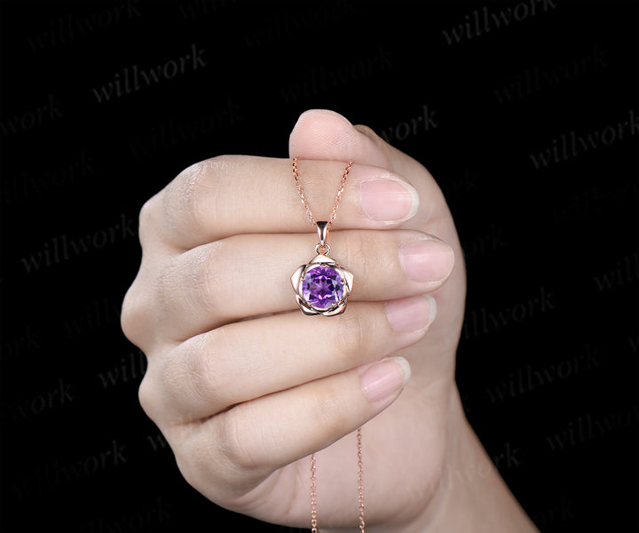 Round amethyst flower stud earrings necklace jewelry set dainty solitaire flower pendant minimalist stud earrings gifts for women