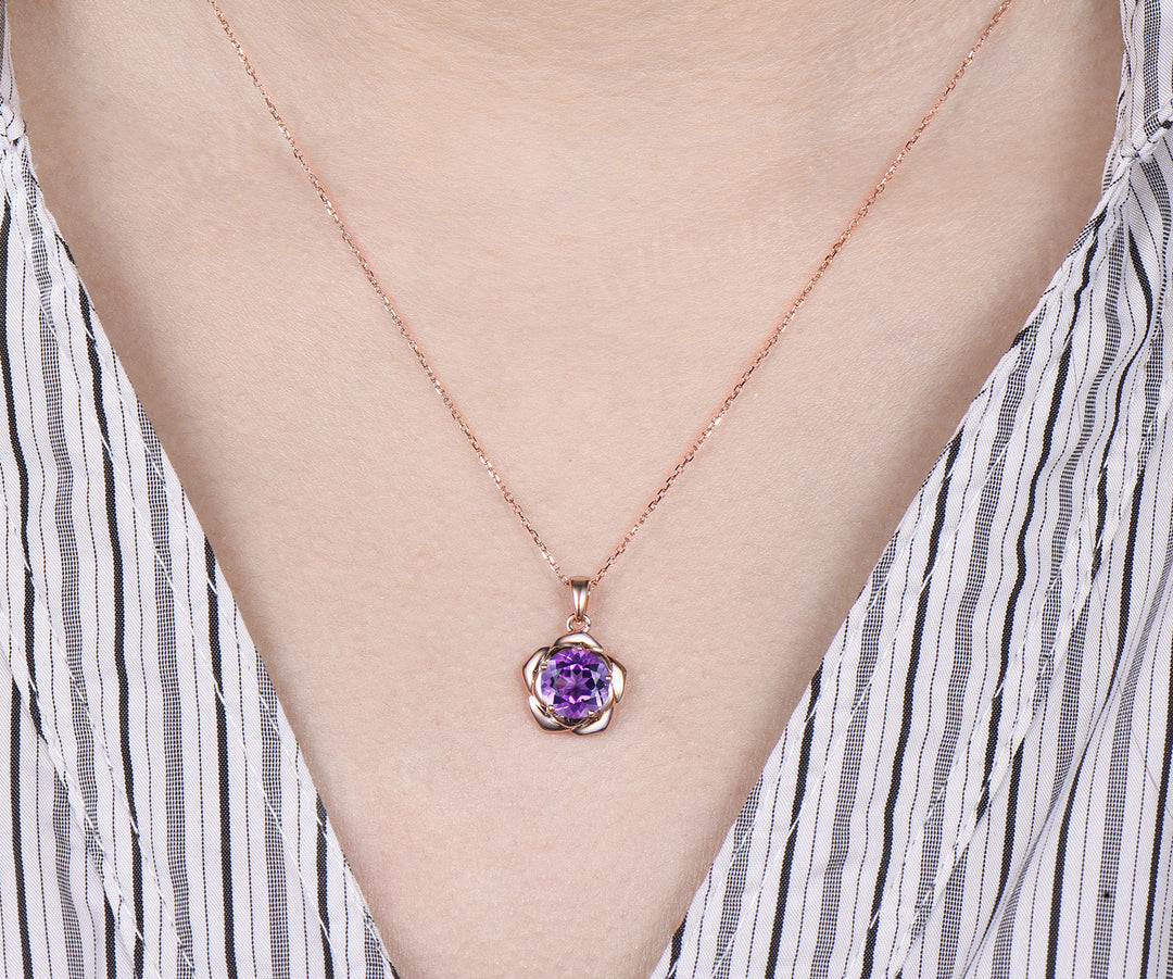 Round amethyst flower stud earrings necklace jewelry set dainty solitaire flower pendant minimalist stud earrings gifts for women