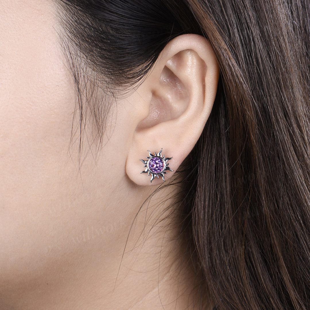 Round amethyst sun stud earrings & purple amethyst necklace set Rapunzel inspired crystal jewelry set February birthstone gifts for her